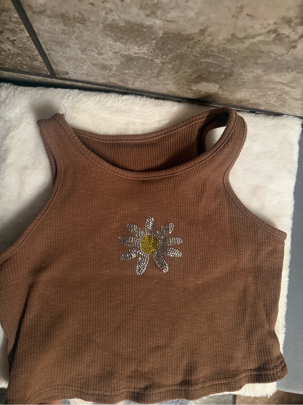 🩷Brown Daisy Rhinestone Ribbed Tank Top - Picture 2 of 4